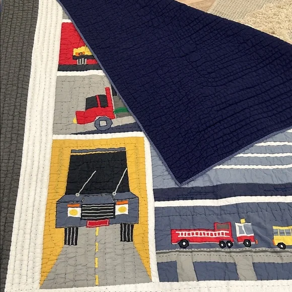 Pottery Barn Kids Transportation Quilt Multicolor Navy Blue Cotton PBK - Picture 10 of 11
